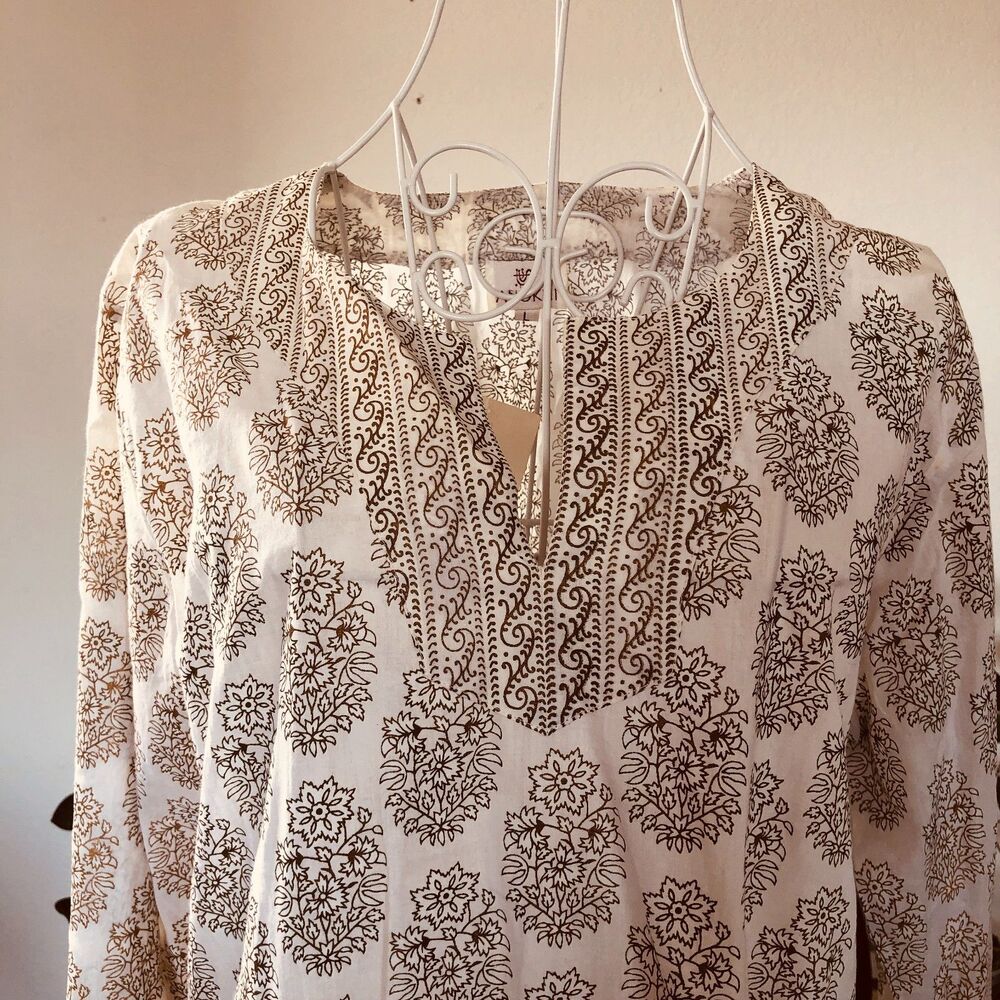 New Anokhi Jaipur Block Print Cotton Kurta Top White Gold Boho NWT Size L